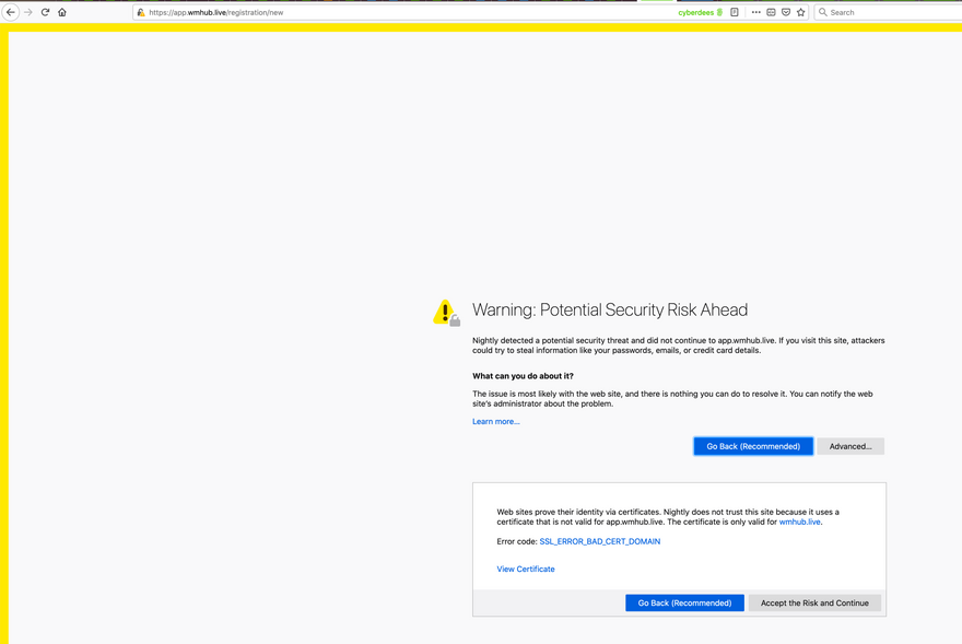 Screenshot of security warning to enter WMhub