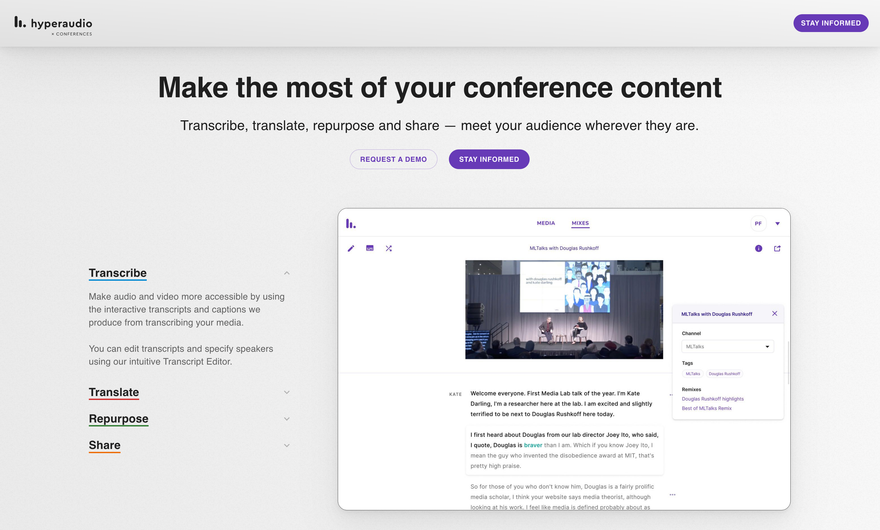 The Hyperaudio for Conferences front page