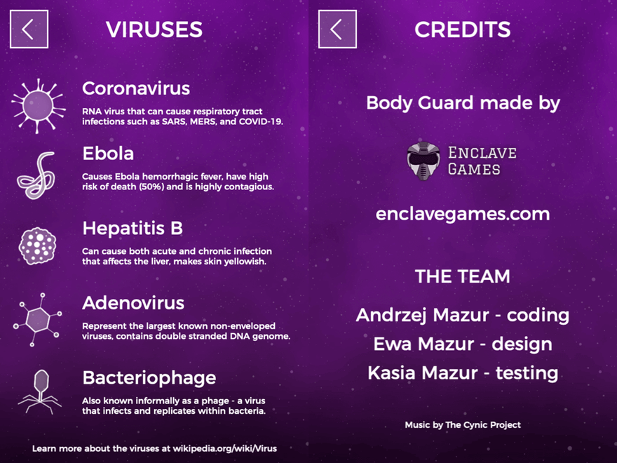 Enclave Games - Body Guard: viruses and credits