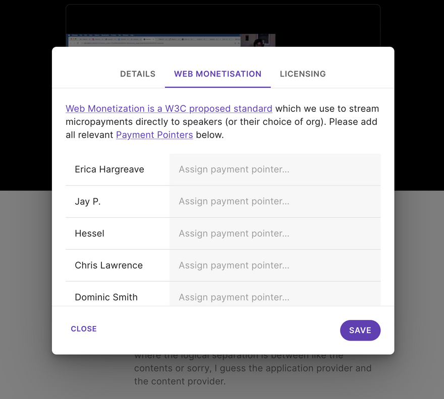 The Web Monetization dialog box, showing an explanation of Payment Pointers and providing form inputs to add the Payment Pointers