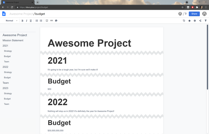 Document Filter Example (docs.plus/project/budget)