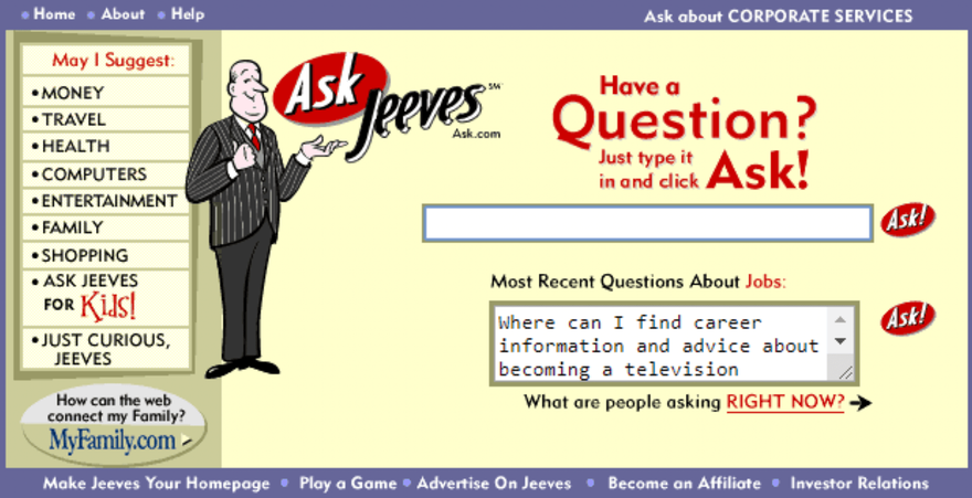Screenshot of the old Ask Jeeves website, showing the butler and search box