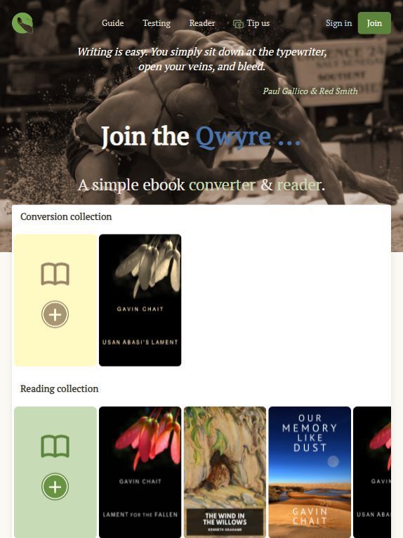 Qwyre.com landing page showing epub and conversion libraries