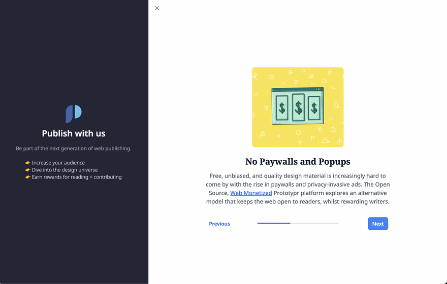 User onboarding screen 2: no more paywalls or popups