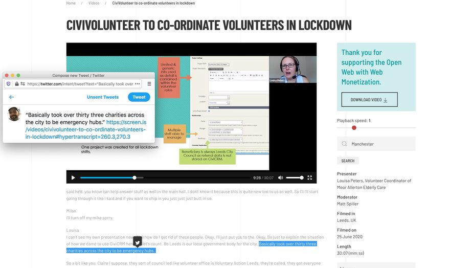 Screengrab of WebMonetization, Hyperaudio and Creative Commons Video from a CiviCRM event
