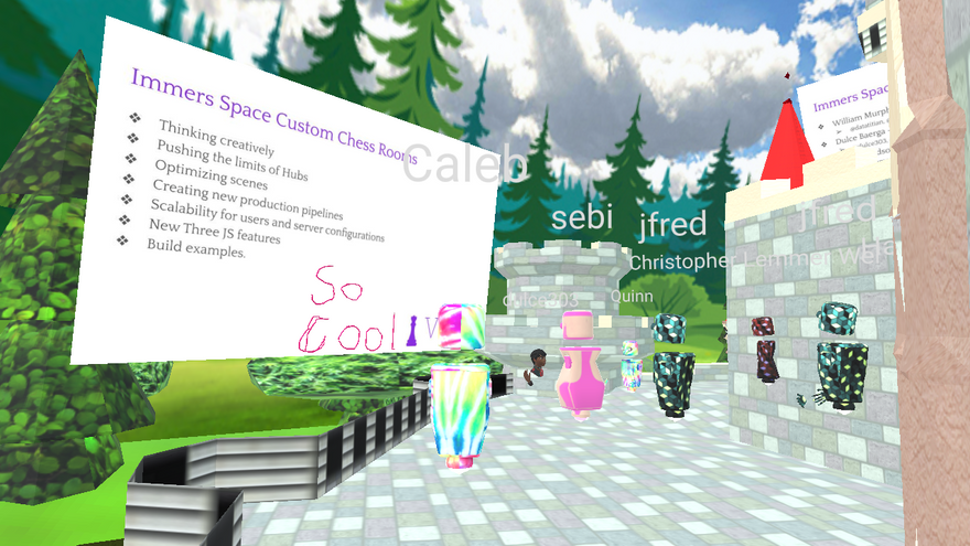 Image of several avatars watching a presentation on immersive web environment design from Dulce Baerga