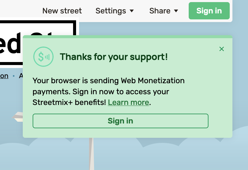 Web monetization notice