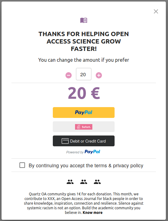 Quartz Open Access payment screen