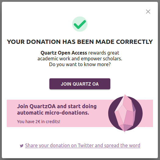 Quartz Open Access successful donation screen