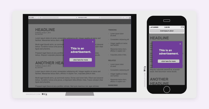 Desktop and mobile wireframes with a modal advertisement side by side.