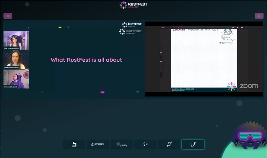RustFest Global 2020 screenshot showing the live stream and sketchnoter’s work side by side